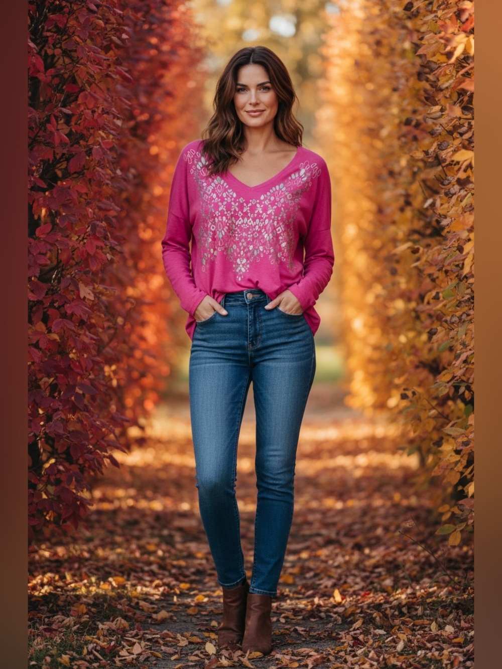 Just My Size Fuchsia V-Neck Long Sleeve Top with Metallic Detail